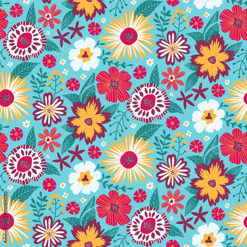 Floral Seamless Half Drop Pattern with Fantasy Leaves and Flowers in Mint Green  Red  Yellow  White. Repeat Wallpaper Print Texture. Perfectly for Scrapbook Craft Paper  Textile  Fabric  Gift Wraps.