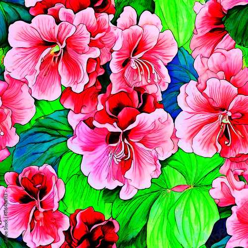 Colourful floral seamless Pattern with light background watercolour painting of bergenia flower