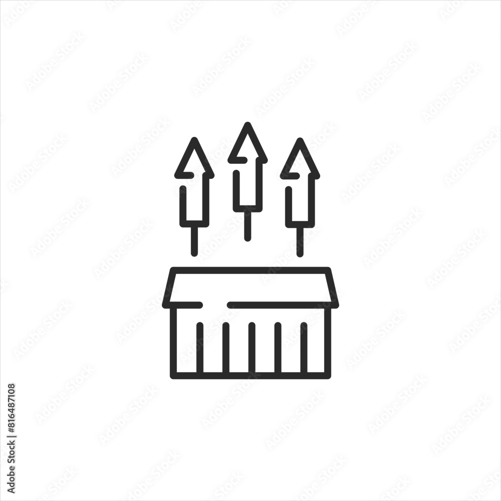 Rocket Launcher Fireworks icon. This minimalist vector illustration features a box launching multiple rockets, commonly used in festive celebrations such as Independence Day. Vector illustration Rocket Launcher Fireworks icon. This minimalist vector illustration features a box launching multiple rockets, commonly used in festive celebrations such as Independence Day. Vector illustration