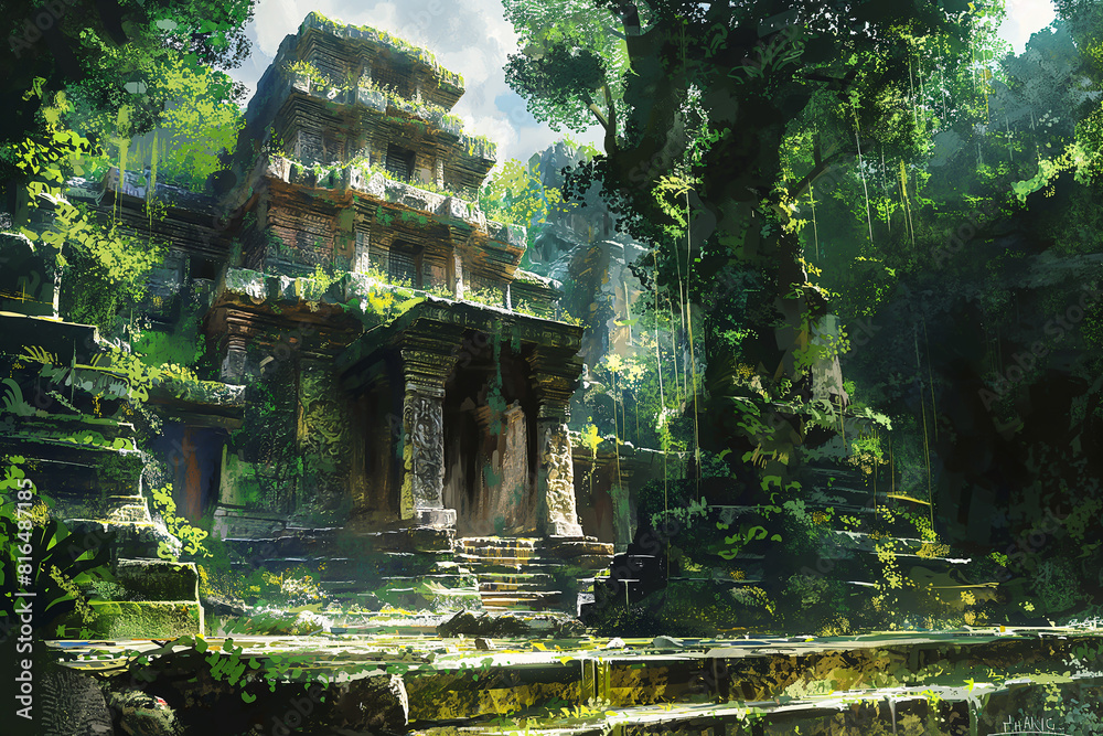 Concept art illustration painting of a beautiful ancient temple in the deep forest photo with green moss on walls. Concept art illustration painting of a beautiful ancient temple in the deep forest photo with green moss on walls.