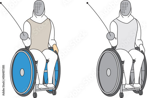 車いすフェンシングをしているアスリートのイラストセット／Illustration set of athletes doing wheelchair fencing
