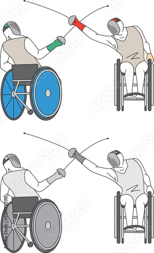 車いすフェンシングをしているアスリートのイラストセット／Illustration set of athletes doing wheelchair fencing