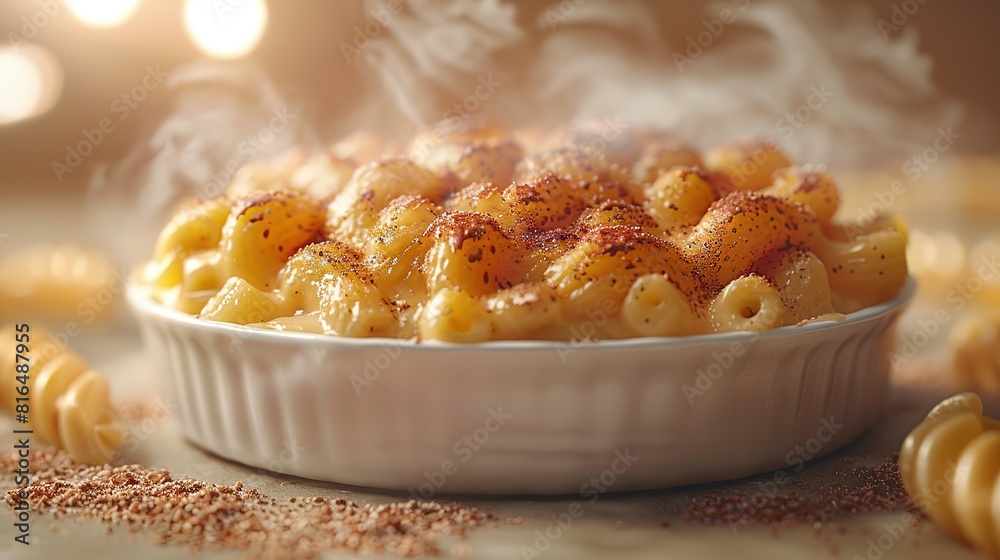 Front view fragrant mac and cheese with white background and spotlight for advertise and presentation. Created using generative AI Front view fragrant mac and cheese with white background and spotlight for advertise and presentation. Created using generative AI