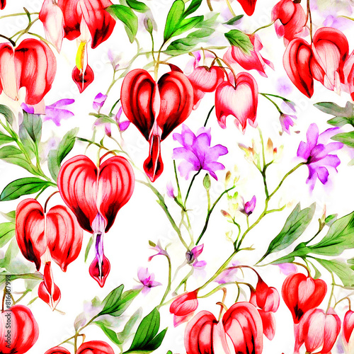 Colourful floral seamless Pattern with light background watercolour painting of bleeding-heart flower