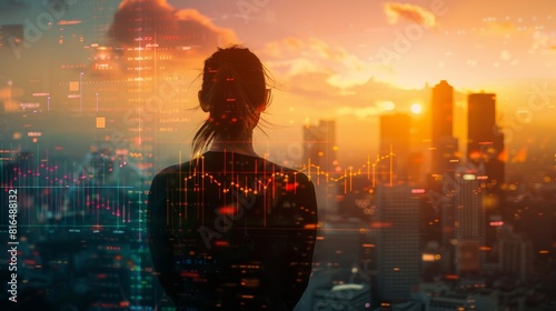 Double exposure of a woman's and cityscape with financial graphs. © Media Srock