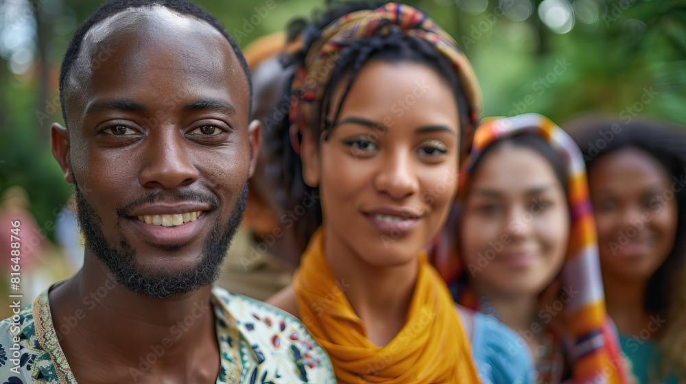 Three people in colorful traditional attire enjoying the lush greenery of an outdoor setting