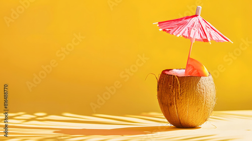 A mini coconut cocktail with an umbrella on a yellow background, minimal concept photography. Summer vacation concept