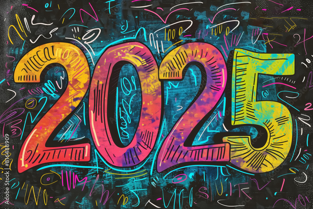 Vibrant chalk drawing of the year 2025 on a black background Vibrant chalk drawing of the year 2025 on a black background
