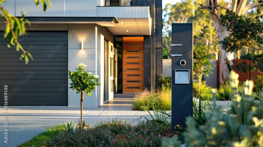 Obraz premium Entryway sign communication system letterbox and garage door of a standalone residence