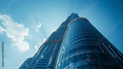 a tall skyscraper made of reflective glass reaching towards the sky.