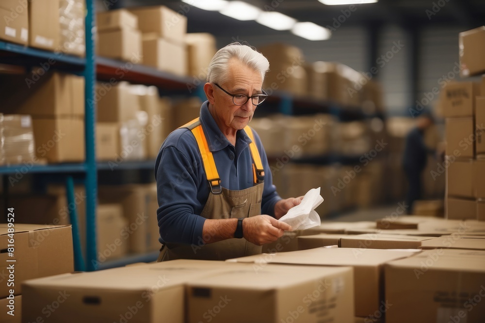 Senior warehouse worker packing cardboard box order Senior warehouse worker packing cardboard box order