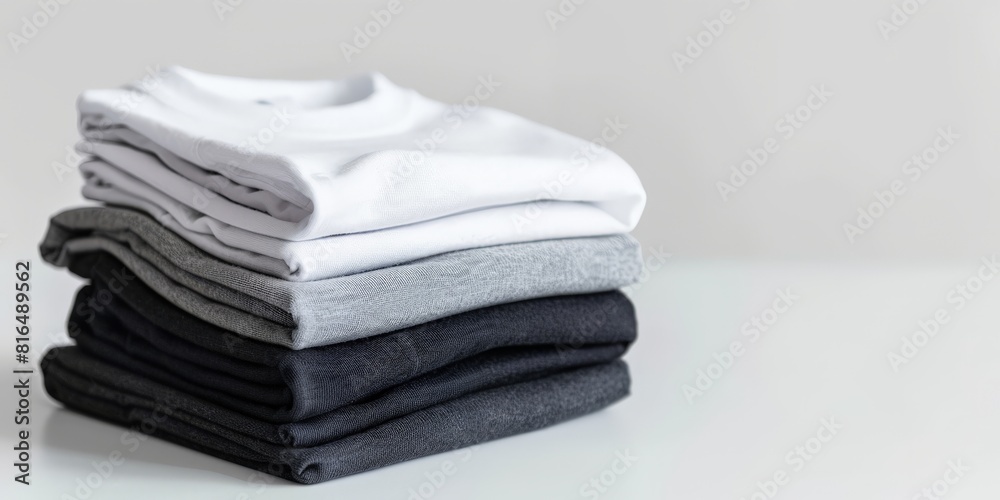 a stack of folded different t-shirt on a studio background with copyspace a stack of folded different t-shirt on a studio background with copyspace