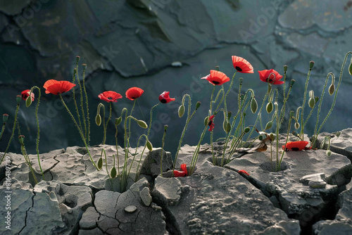 Resilience and remembrance on Memorial Day poppies growing through cracks in a war monument. photo