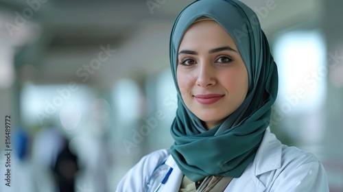 Professional healthcare woman worker in hijab standing in a bright hospital corridor with a stethoscope © JS_Stock