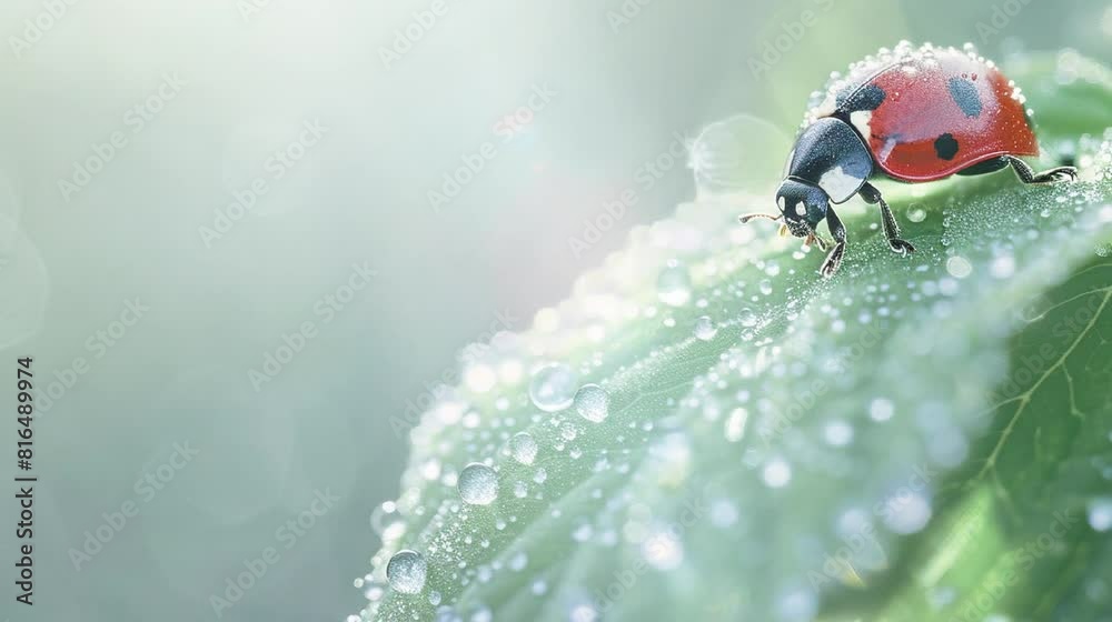 Close up beautiful lady bug on the leaves with dew under the morning sunlight in the garden. Video background wallpaper for biological diversity world day and environmental world day.