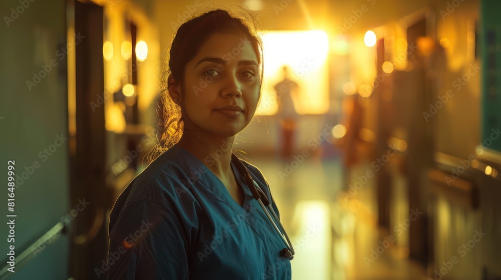 Indian female doctor wearing blue doctor scrubs in hospital ward Indian female doctor wearing blue doctor scrubs in hospital ward