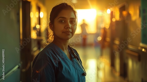 Indian female doctor wearing blue doctor scrubs in hospital ward