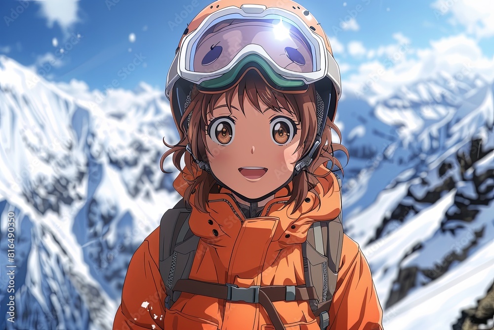 Cute Anime Character Snowboarding with Engaging Winter Sports Mask Cute Anime Character Snowboarding with Engaging Winter Sports Mask