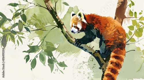 Visual of a red panda climbing a tree flat design side view endangered explorer theme water color vivid