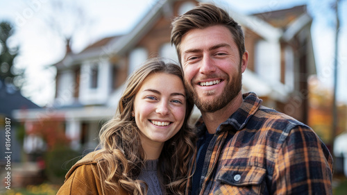 A joyful young couple smiling at the camera with a modern two-story house in the background in a suburban neighborhood © boxstock production