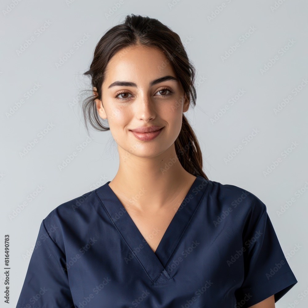 Young beautiful smiling female doctor in a blue surgical uniform Young beautiful smiling female doctor in a blue surgical uniform
