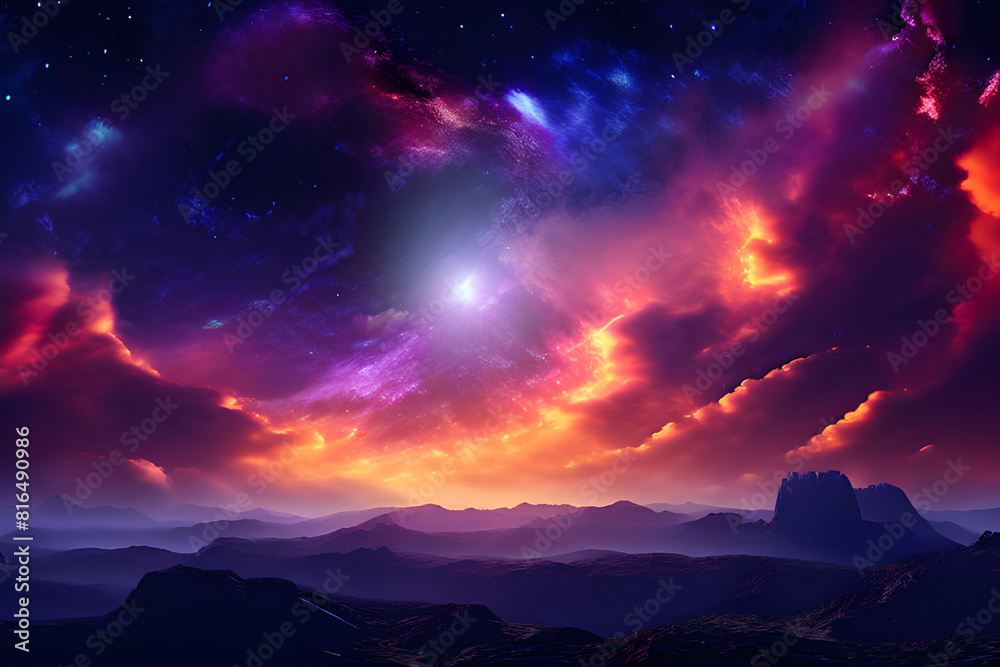starry night sky solar storm with pink, orange and blue hue in mountain setting, ultra realistic, UHD
