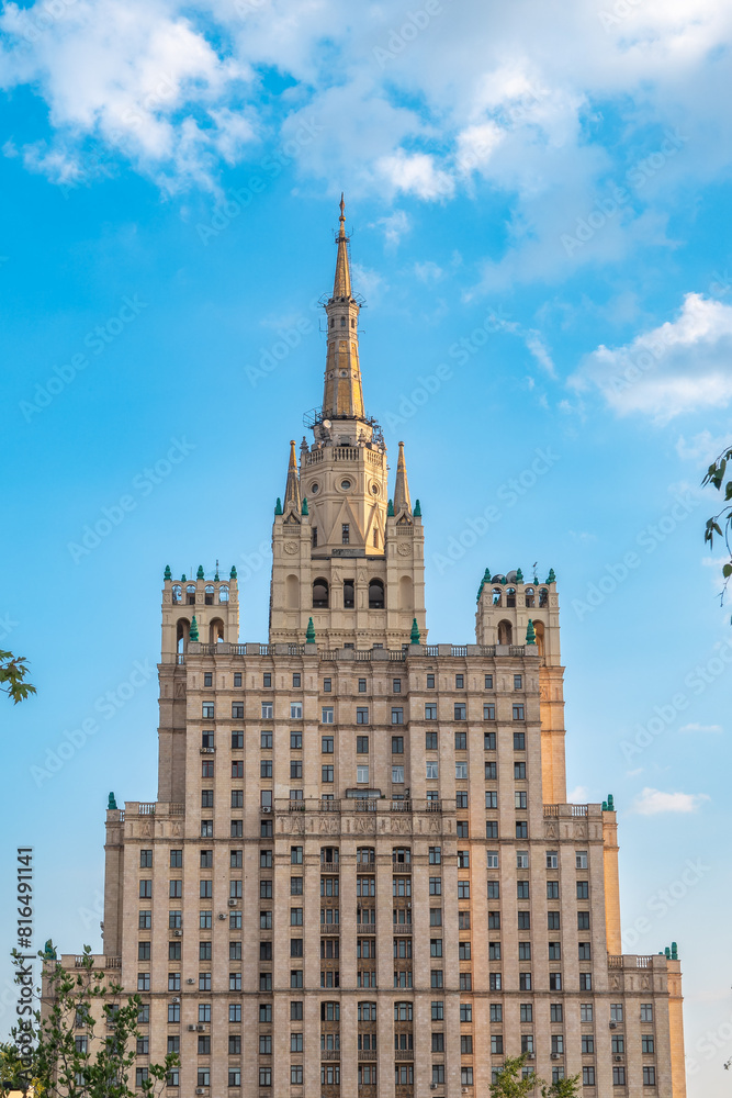 The view on the residential Stalinist high-rise building on Kudrinskaya Square. It is the one of seven Stalinist skyscrapers built in 1947-1954.