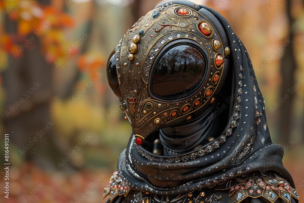 Obraz premium Extraterrestrial Deity: Close-Up Futuristic Couture with Ornate Gems and Sparkles