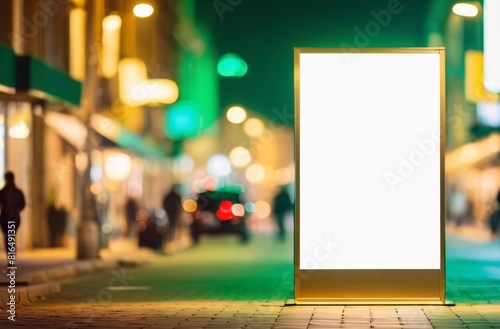 Blank white vertical advertising banner billboard stand on the sidewalk at night.