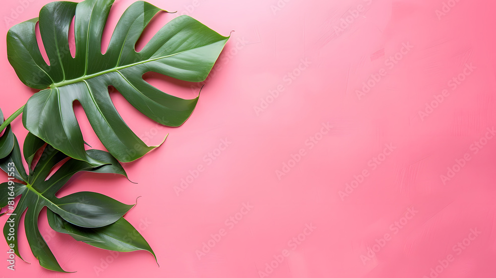 A monstera leaf on coral background, flat lay with copy space for text or design. Top view. Flat lay. Banner. Summer concept A monstera leaf on coral background, flat lay with copy space for text or design. Top view. Flat lay. Banner. Summer concept