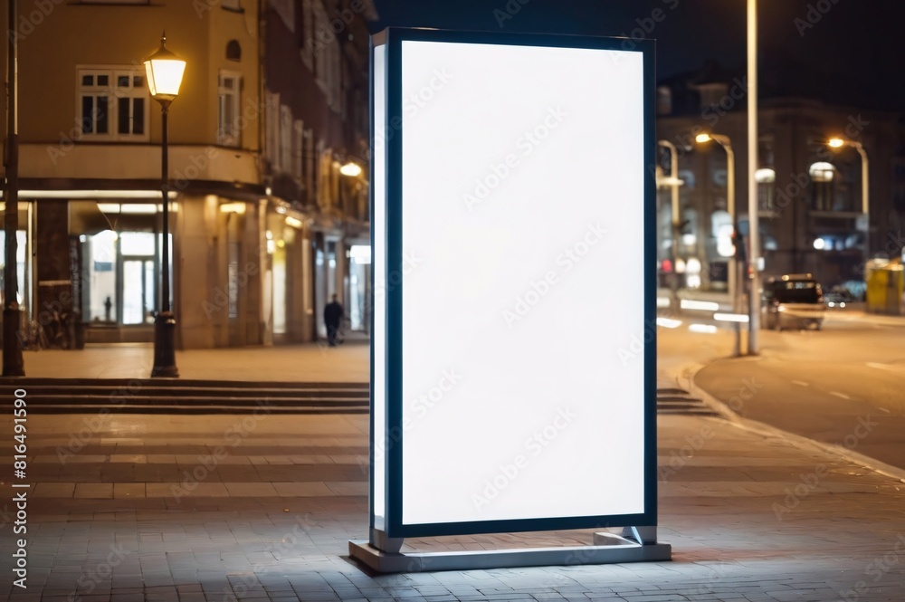 Blank white vertical advertising banner billboard stand on the sidewalk at night. Blank white vertical advertising banner billboard stand on the sidewalk at night.
