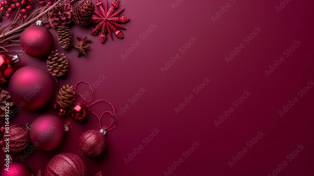 minimal top view of chritmas decorations on a bordeaux background with space for text or ads at right minimal top view of chritmas decorations on a bordeaux background with space for text or ads at right