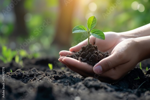 Caring hands gently holding a young plant with visible roots  symbolizing growth and sustainable agriculture on fertile soil. 