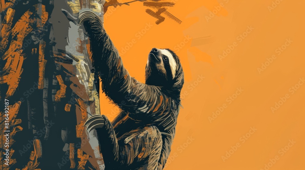 Visual of a sloth slowly climbing a tree flat design side view leisurely ascent theme water color Monochromatic Color Scheme