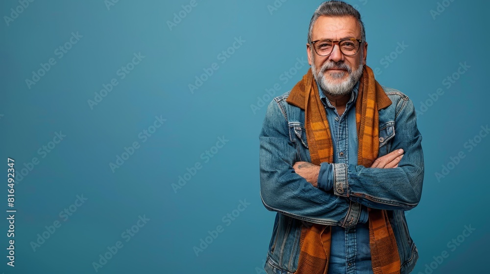 A bearded, spectacled man stands with crossed arms, conveying a serious expression as he gazes into the camera A bearded, spectacled man stands with crossed arms, conveying a serious expression as he gazes into the camera