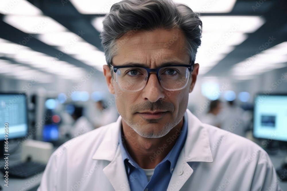 Smart male scientist making microchip in semiconductor factory laboratory Smart male scientist making microchip in semiconductor factory laboratory