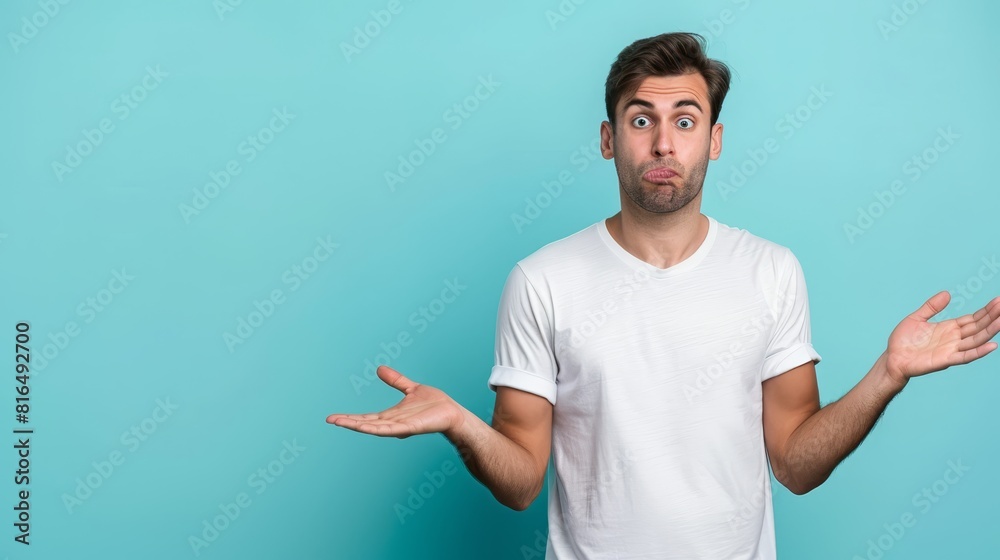 Man with shocked expression, hands raised on blue backdrop Man with shocked expression, hands raised on blue backdrop