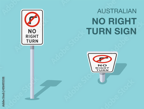 Traffic regulation rules. Isolated Australian "no right turn" road sign. Front and top view. Flat vector illustration template.