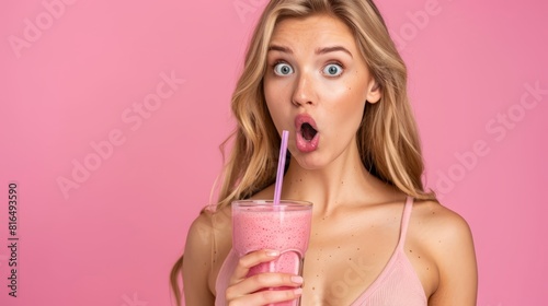  A woman in a pink tank top, eyes widened in surprise, holds a glass of pink drink with an open mouth