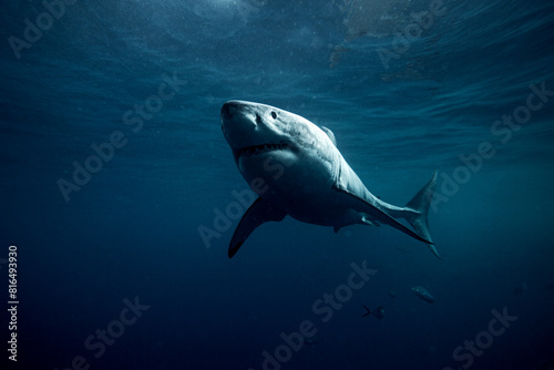 Looking up to a great white shark in dark blue water as it glides above