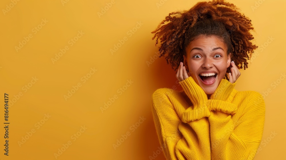 Woman with curls in yellow sweater, shocked while speaking on cell phone Woman with curls in yellow sweater, shocked while speaking on cell phone