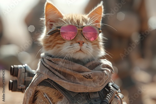 Futuristic Cybernetic Cat Soldier in War Zone with Ray-Ban Glass and Pink Vibe photo