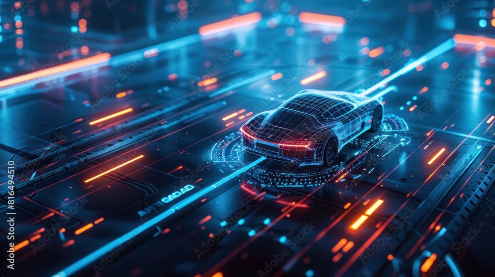A futuristic car is driving down a road with neon lights and a blue background A futuristic car is driving down a road with neon lights and a blue background