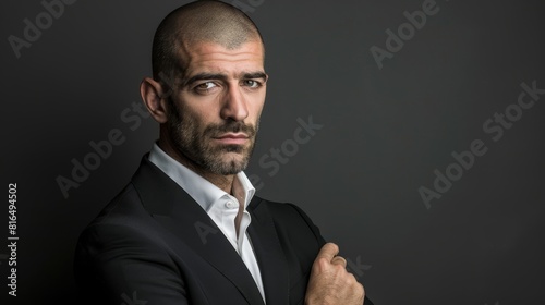  A man in a black suit, white shirt, and bareheaded gazes intently at the camera photo