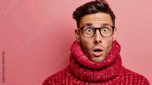  A man in red scarf and glasses shows a stunned expression, mouth agape, against a pink backdrop