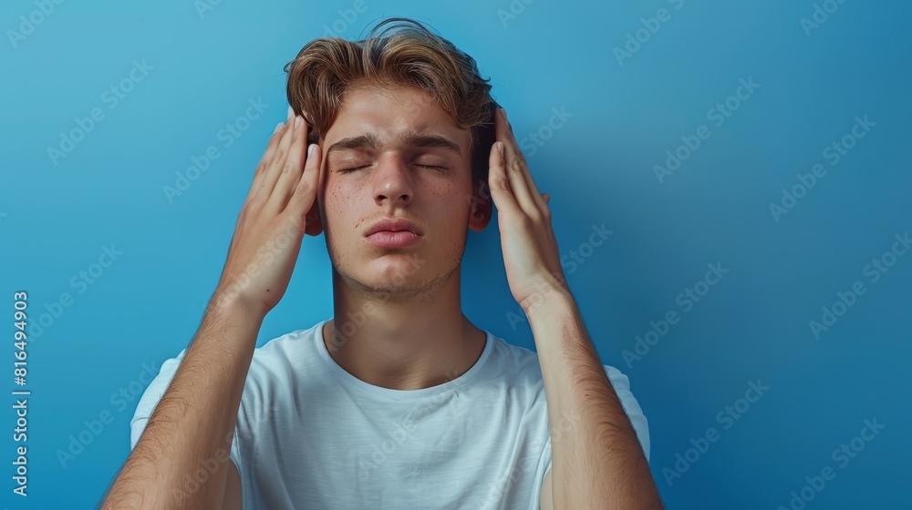 A young man with his hands cradling his head against a blue backdrop A young man with his hands cradling his head against a blue backdrop
