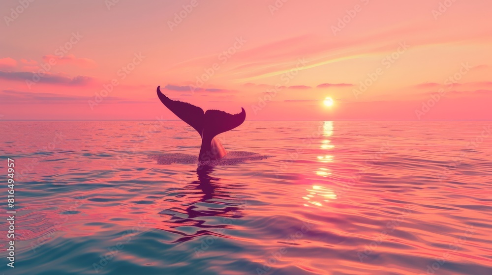 Naklejka premium Visual of a whale fluke above the water at dusk flat design side view sunset goodbye theme 3D render Complementary Color Scheme