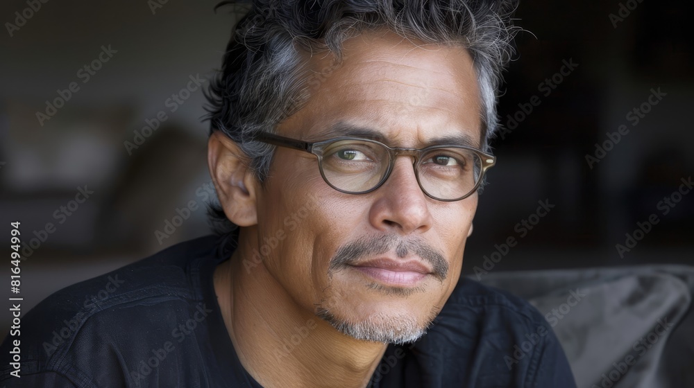A tight shot of someone wearing glasses and a black top - both a black shirt and a T-shirt bearing white writing A tight shot of someone wearing glasses and a black top - both a black shirt and a T-shirt bearing white writing