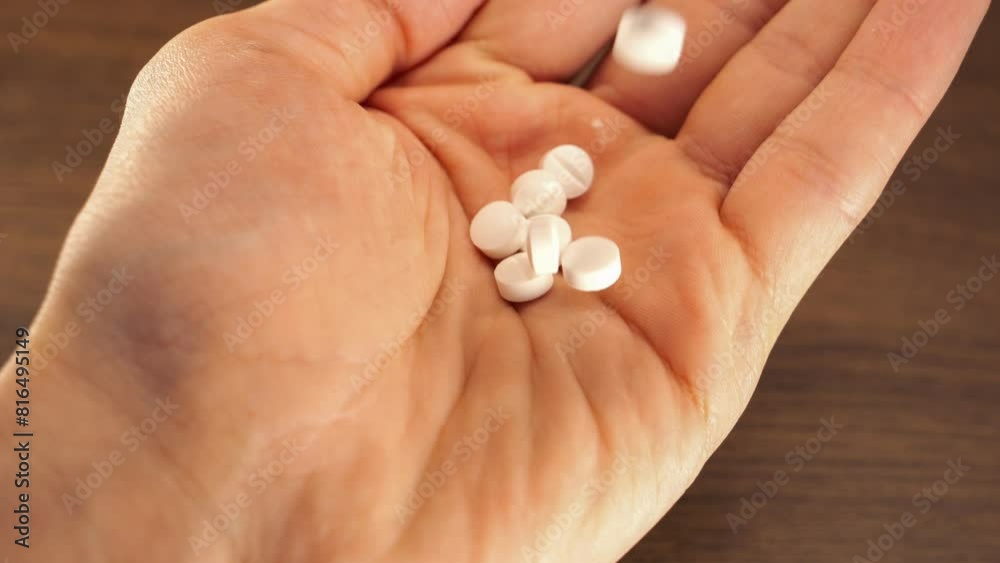 White pills (drugs) falling into the hand palm from white container White pills (drugs) falling into the hand palm from white container