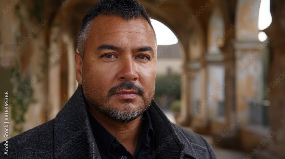 A tight shot of a person in a coat, gaze fixed on the camera with a serious expression